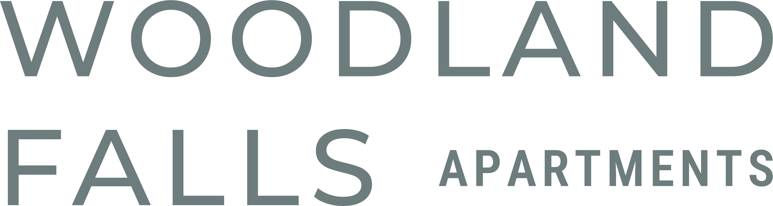 The image displays the name of a place called Woodland Falls Apartments.